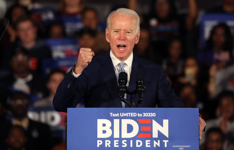 Democratic U.S. presidential candidate and former Vice President Joe Biden addresses supporters at his South Carolina primary night rally in Columbia, South Carolina, U.S.