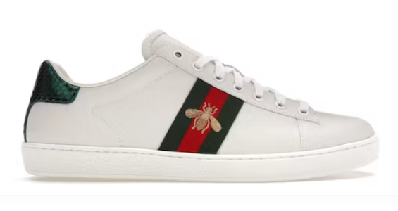 white, green and red sneaker with gold bee on the side