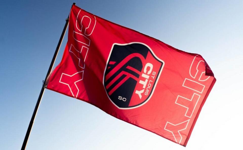 A St. Louis City S.C. flag waves on Aug. 6 before a matchup between St. Louis City 2 and Chicago Fire 2 at Ralph Korte Stadium in Edwardsville.