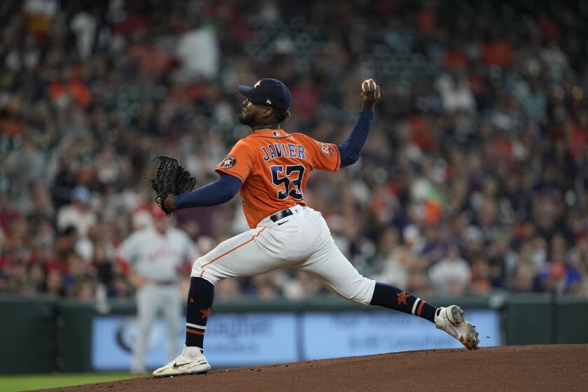 Houston Astros starting pitcher Cristian Javier throws against the Los Angeles Angels during the first inning of a baseball game Friday, July 1, 2022, in Houston. (AP Photo/David J. Phillip)