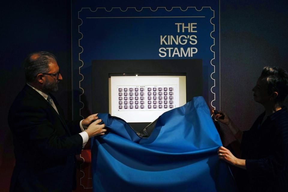 One of the first sheets of the 1st class definitive stamp featuring King Charles III is unveiled as it goes on display at the Postal Museum in central London, before they enter circulation later this year (Victoria Jones/PA) (PA Wire)
