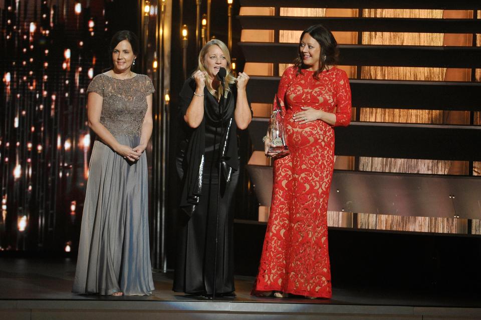 Lori McKenna, Liz Rose and Hillary Lindsey win for Song of the Year at the  49th Annual CMA Awards at Bridgestone Arena in Nashville, Tenn., on Wednesday, Nov. 4, 2015.