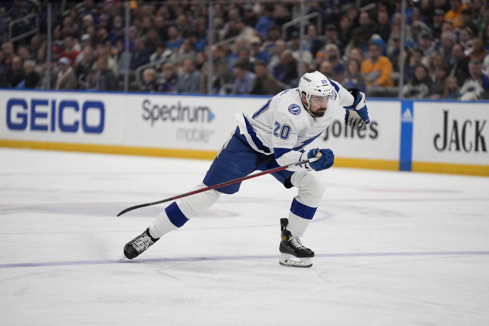 Tampa Bay Lightning's Nicholas Paul in action during the first period of an NHL hockey game against the St. Louis Blues Saturday, Jan. 14, 2023, in St. Louis. (AP Photo/Jeff Roberson)