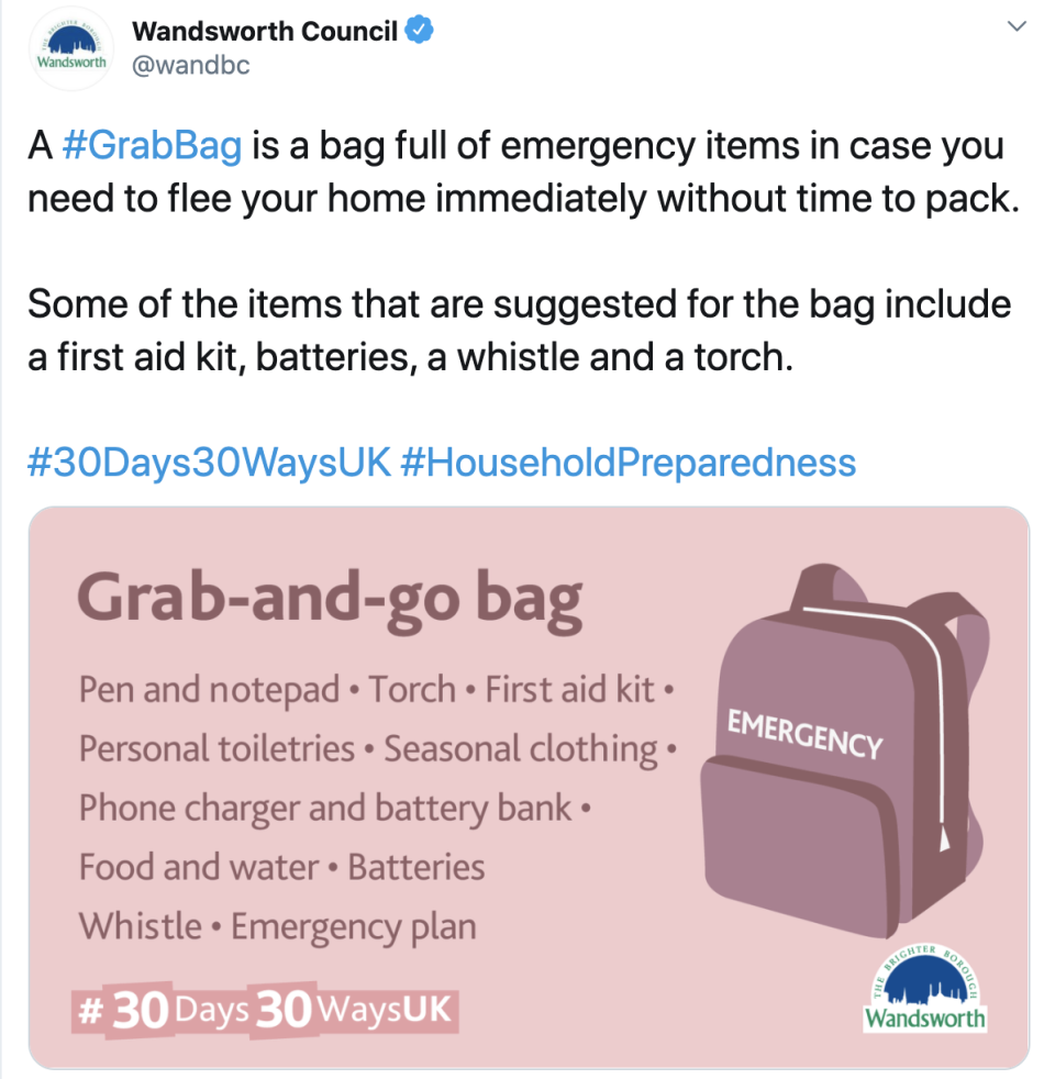 Pictured is the tweet from Wandsworth Council advising people what to put in a grab-and-go bag. 