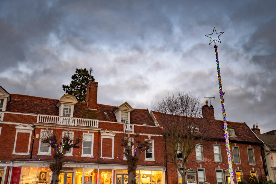 Framlingham in Suffolkâs flag pole as a Christmas tree.  December 13, 2019.  Residents in Ed Sheeran's home town were left disappointed earlier this week when their traditional Christmas tree was replaced - by a flagpole wrapped in tinsel.  See SWNS story SWCAtree.  Locals in quaint Framlingham, Suffolk, gather every year for 'Festive Fram'  - the switching on of festive lights around a huge Scandinavian Christmas tree.  However this year revellers were left spluttering in their mulled wine when they discovered the centrepiece of the celebration was actually a spartan flag-pole.  The traditional tree, paid for by local businesses, had failed to arrive after another fir fell on the delivery driver and left him hospitalised, they were told.  A replacement was ordered but also failed to arrive.  Determined not to let the accident spoil the event, the business association came up with the idea of erecting a flag-pole with a star on top and stringing some lights on it.  However some residents took to social med