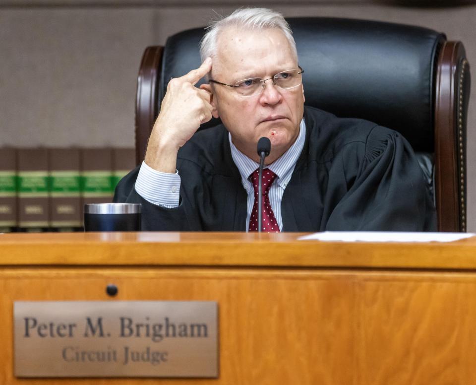 Judge Peter Bringham listens to testimony Wednesday during the Christopher Alan Smith Trial Wednesday October 11, 2023. Smith is charged with second degree murder and aggravated battery with a deadly weapon. He's accused of killing Amy Scott. The trial was being held in Judge Peter Bringham’s courtroom at the Marion County Judicial Center in Ocala, Fla. [Doug Engle/Ocala Star Banner]2023