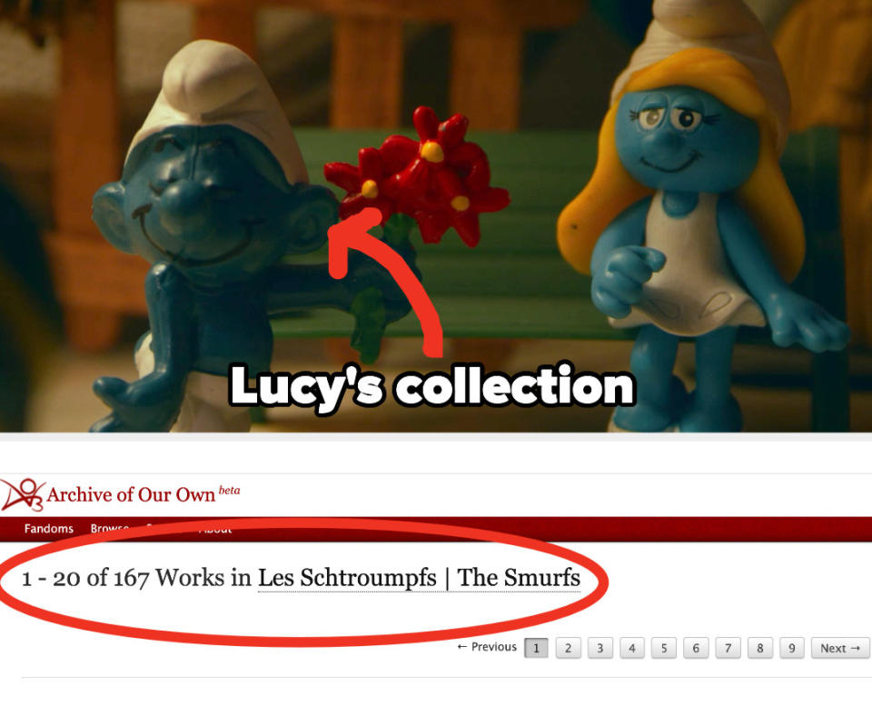 Lucy's Smurf collection alongside real AO3 catalogue of 167 Smurf fics