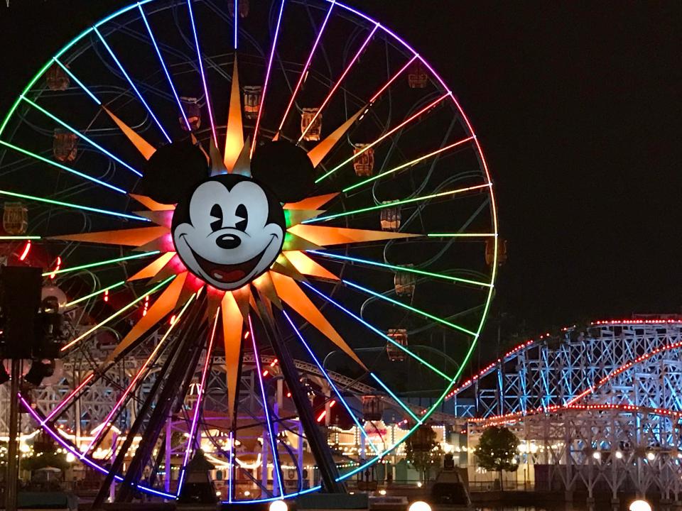 shot of the mickey wheel illuminated in front of california adventure park disneyland