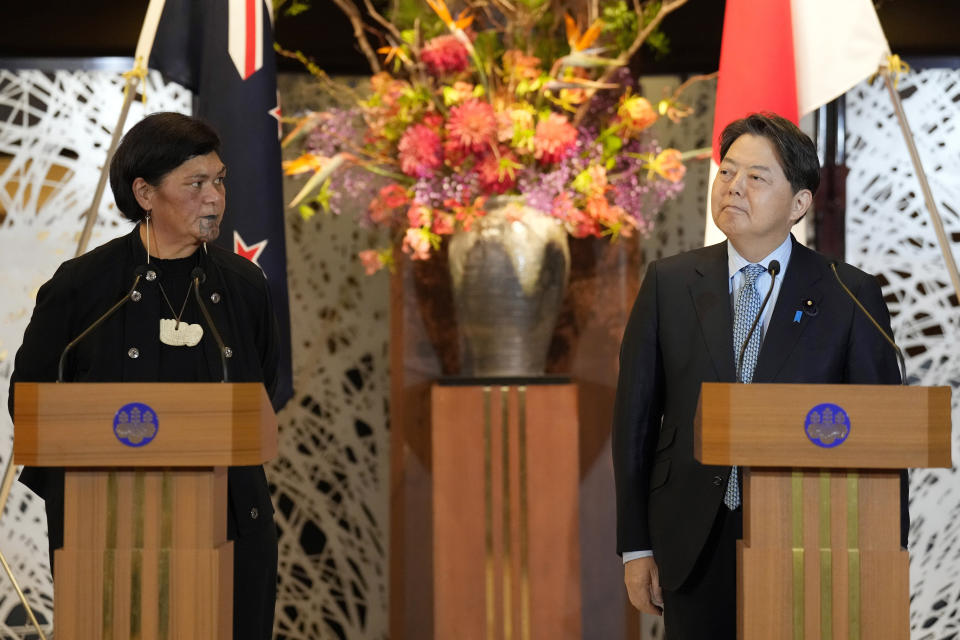 New Zealand Foreign Minister Nanaia Mahuta, left, and Japanese Foreign Minister Yoshimasa Hayashi, right, attend a joint press conference after their meeting at Iikura Guest House Monday, Feb. 27, 2023, in Tokyo. (AP Photo/Eugene Hoshiko)