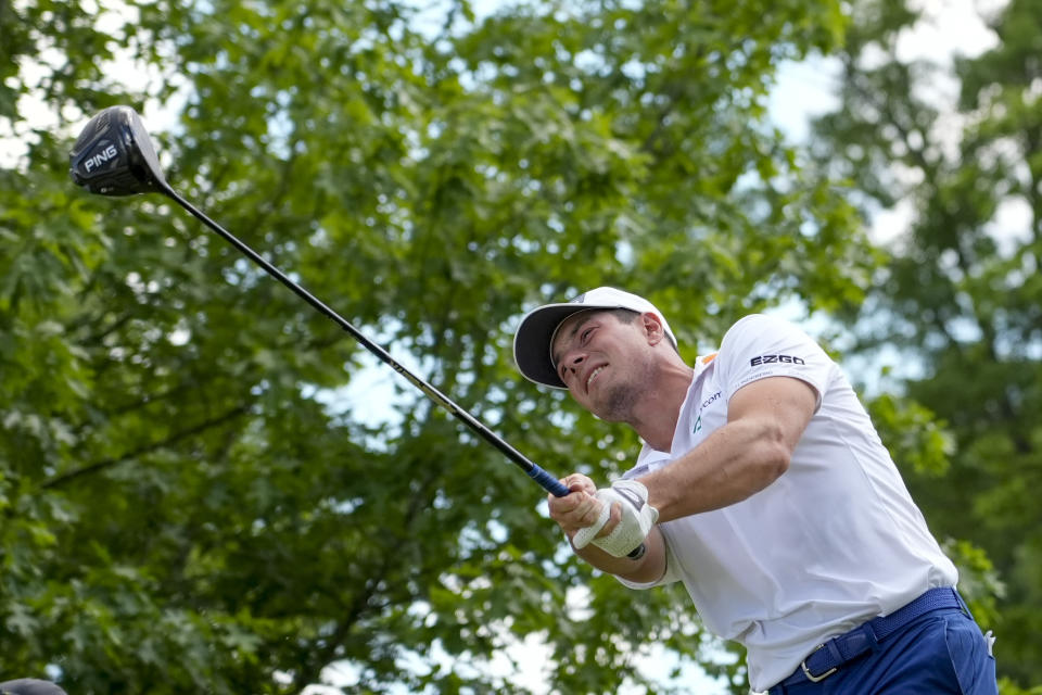 Viktor Hovland, of Norway, watches his tee shot on the 15th hole during the third round of the PGA Championship golf tournament at the Valhalla Golf Club, Saturday, May 18, 2024, in Louisville, Ky. (AP Photo/Matt York)