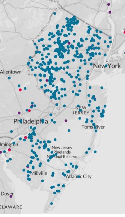 The blue dots show where PFAS compounds have been found in New Jersey drinking water.