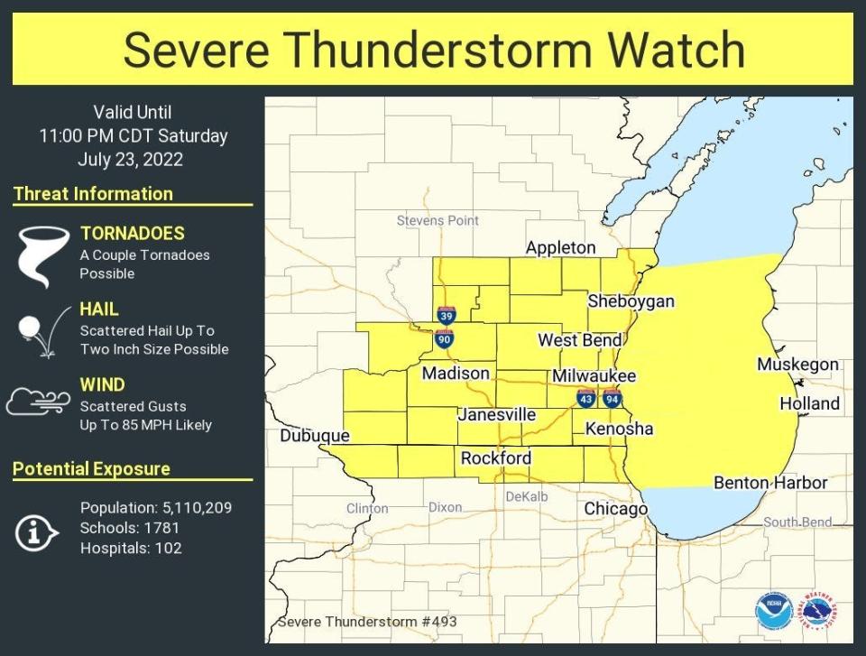 A severe thunderstorm watch is in effect for all of southern Wisconsin until 11 p.m. on Saturday.