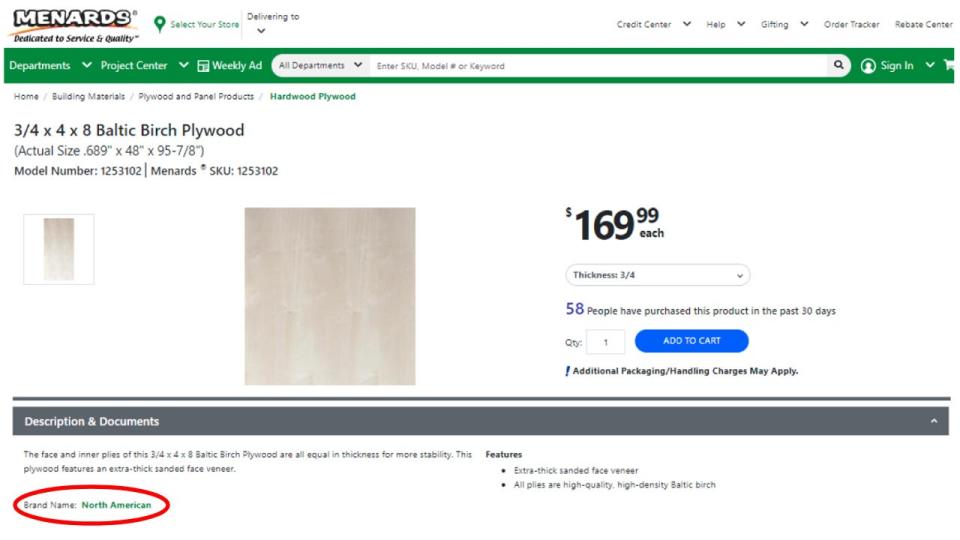 North American Plywood Corporation supplied plywood from Russia to Menards, according to a report released Thursday, Feb. 23, 2022, by Earthsight. The North American brand is listed in a screenshot Earthsight says it took of Menards website on Feb. 20, 2022.