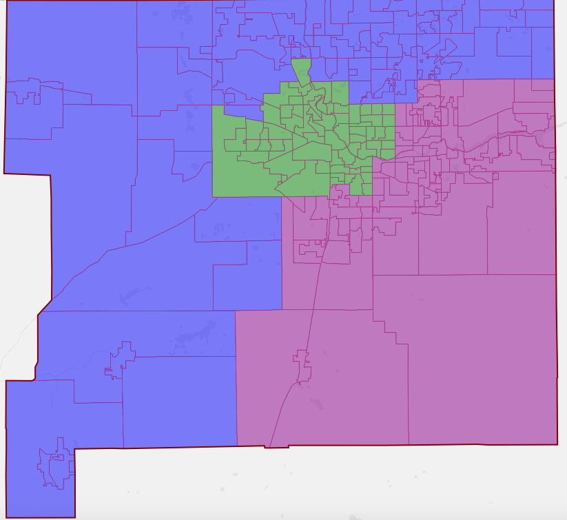 These are the proposed new boundaries for St. Joseph County Commissioner districts. Blue would be District 1 (Andy Kostielney); Green would be District 2 (Derek Dieter); and purple would be District 3 (Deb Fleming)