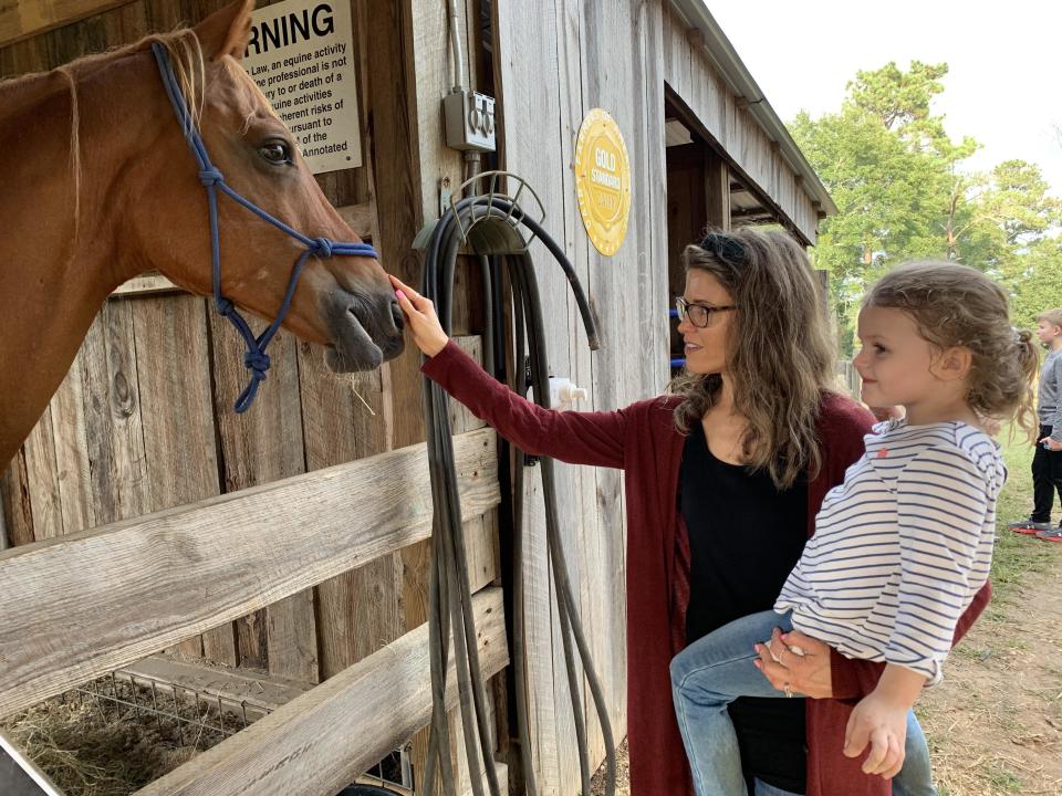 FILE - Jennifer Settles of Grovetown and her 4-year-old daughter Ryleigh meet Blaze the horse during The Maize at Steed's Dairy in Grovetown on Sunday, Sept. 29, 2020.