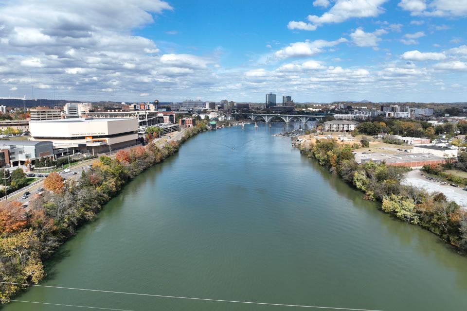 Aerial view of the proposed pedestrian bridge across the Tennessee River in Knoxville, Tenn. on Oct. 26, 2023.