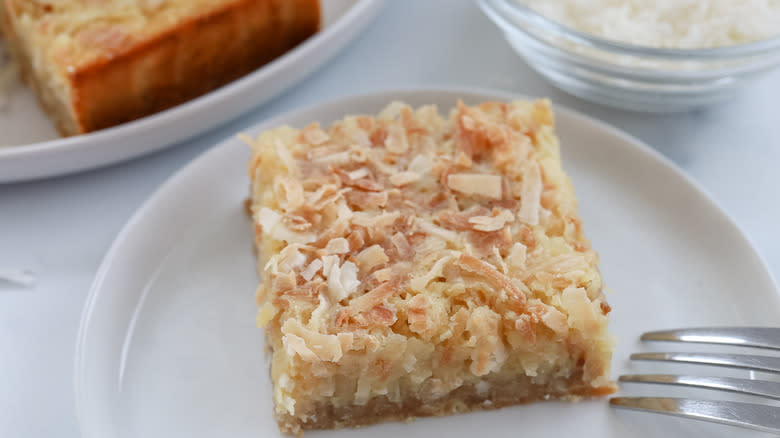 Chewy sweet coconut bar on a plate