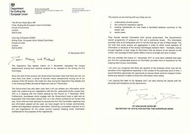 Letter issued by the Brexit Select Committee from David Davis to Hilary Benn