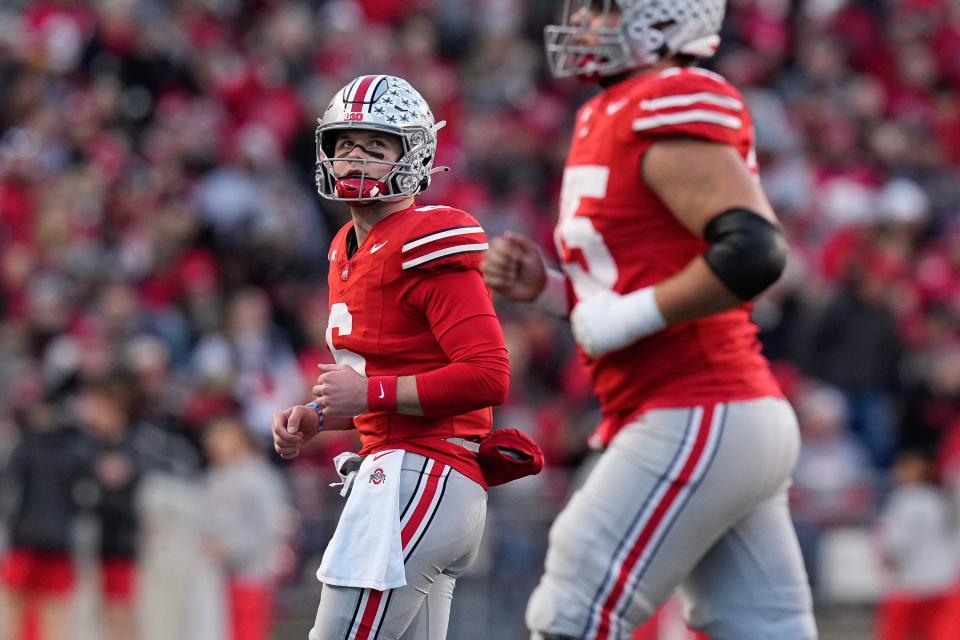 Nov 18, 2023; Columbus, Ohio, USA; Ohio State Buckeyes quarterback Kyle McCord (6) walks off the field during the first half of the NCAA football game against the Minnesota Golden Gophers at Ohio Stadium.