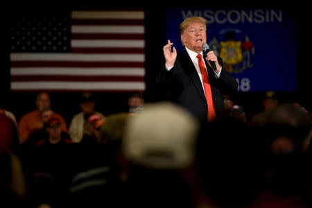 Republican U.S. presidential candidate Donald Trump speaks at a town hall event in Appleton, Wisconsin, March 30, 2016. REUTERS/Mark Kauzlarich