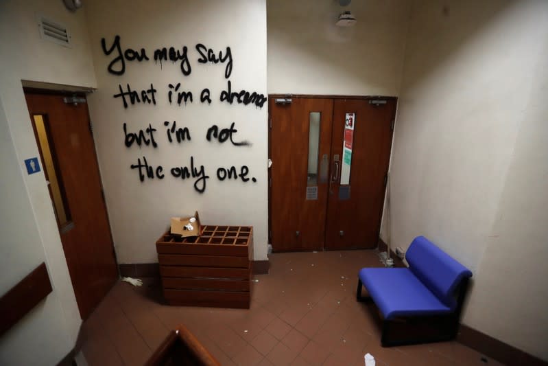 Graffiti is seen on one of the floors of the Hong Kong Polytechnic University (PolyU) in Hong Kong, China