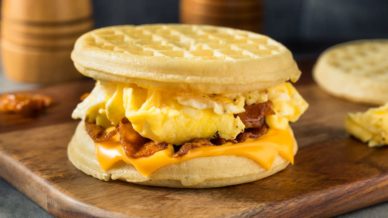 waffle breakfast sandwich on board