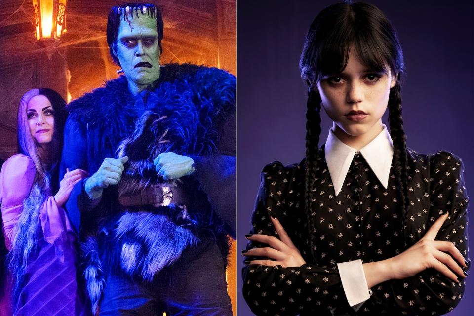 The Munsters Count ,Lily, Herman Photo credit: Universal 1440 Entertainment; Wednesday. Jenna Ortega as Wednesday Addams in Wednesday. Cr. Matthias Clamer/Netflix © 2022