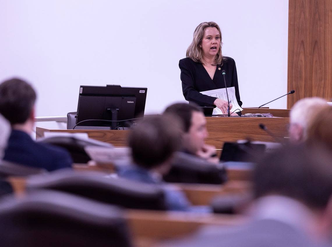 North Carolina Sen. Amy Galey speaks about the Parents’ Bill of Rights legislation during a meeting of the Senate Education Committee on Wednesday, Feb. 1, 2023, in Raleigh, N.C.