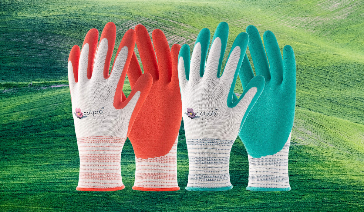 Two pairs of gardening gloves; one white with coral rubberized palms, the other white with teal rubberized palms