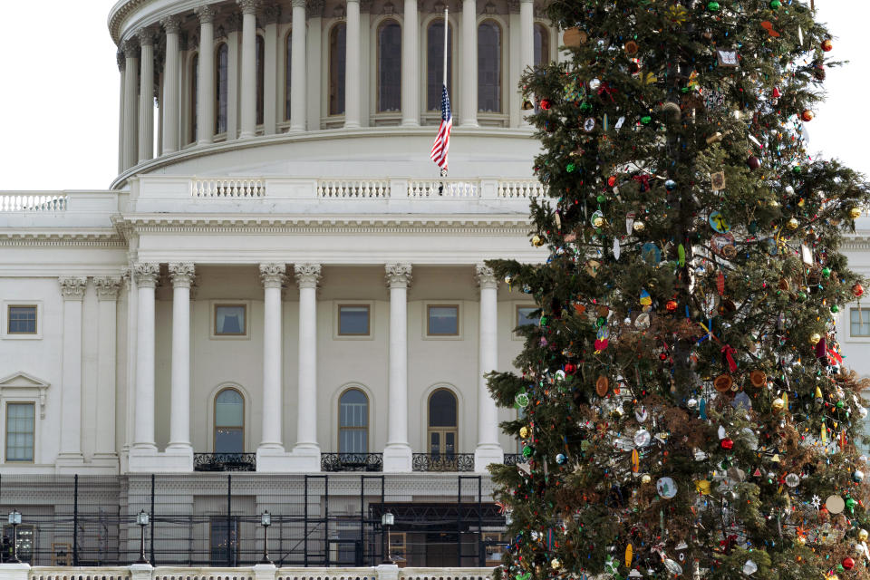 A Chirstmas tree stands on the West Front of the U.S. Capitol, Thursday, Jan. 6, 2022 in Washington. President Joe Biden and members of Congress are solemnly marking the first anniversary of the Jan. 6 U.S. Capitol insurrection. Lawmakers are holding events Thursday to reflect on the violent attack by supporters of then-President Donald Trump. The ceremonies will be widely attended by Democrats, but almost every Republican on Capitol Hill will be absent. ( AP Photo/Jose Luis Magana)