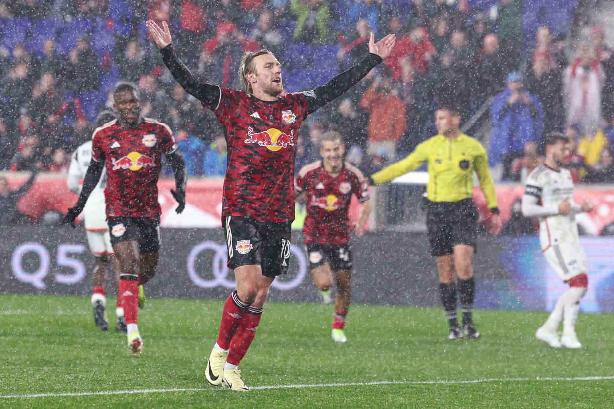 The New York Red Bulls' Emil Forsberg celebrates his penalty kick goal against FC Dallas at Red Bull Arena on March 9, 2024.