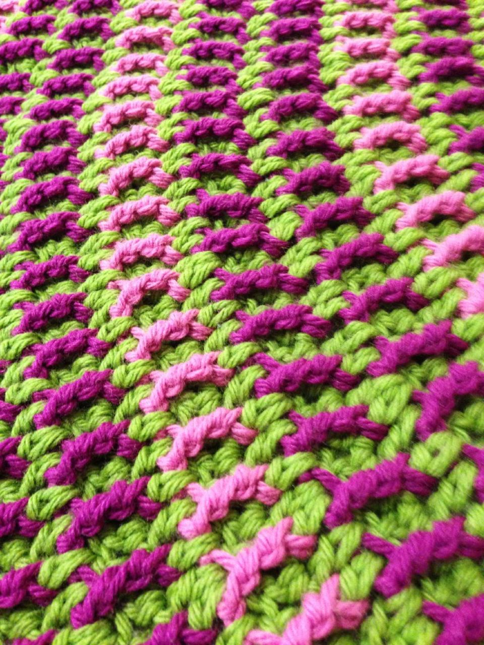 This handout photo provided by Edie Eckman shows the Rail Stitch in lime green, pink and fuschia. Today’s crochet is leaner and trendier than that of the 1960s and ’70s, from which we know it for its bulky, acrylic yarns and Afghan blankets. (AP Photo/Edie Eckman, Edie Eckman)