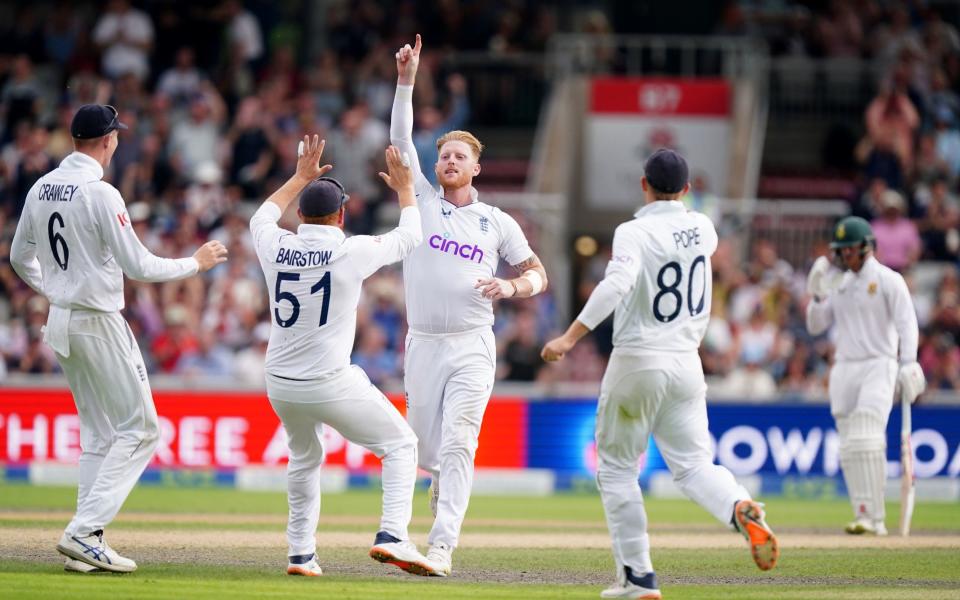 Ben Stokes celebrates the wicket of Keegan Petersen - Mike Egerton/PA