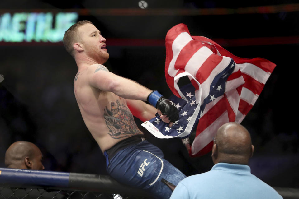 Justin Gaethje celebrates his win over Edson Barboza after their mixed martial arts bout at UFC Fight Night, Saturday, March 30, 2019, in Philadelphia. Gaethje won via first round TKO. (AP Photo/Gregory Payan)