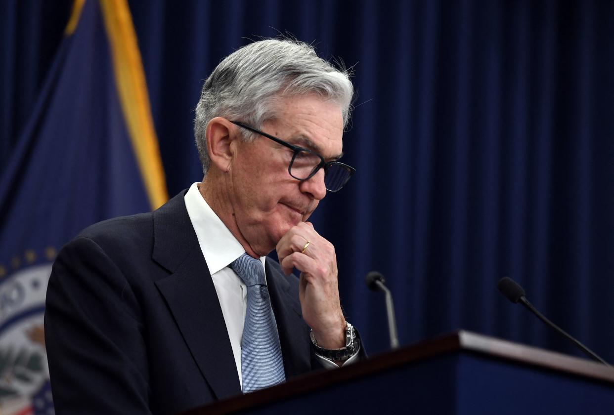 Federal Reserve Board Chair Jerome Powell speaks during a news conference at the Federal Reserve in Washington, DC, on March 22, 2023. - The Federal Reserve raised its benchmark lending rate on Wednesday, in line with expectations, continuing a hiking cycle to tackle high inflation while warning that recent banking troubles could hit households and businesses. The quarter-point increase raises the target range to 4.75-5.00 percent, the Fed announced in a statement. (Photo by OLIVIER DOULIERY / AFP) (Photo by OLIVIER DOULIERY/AFP via Getty Images)