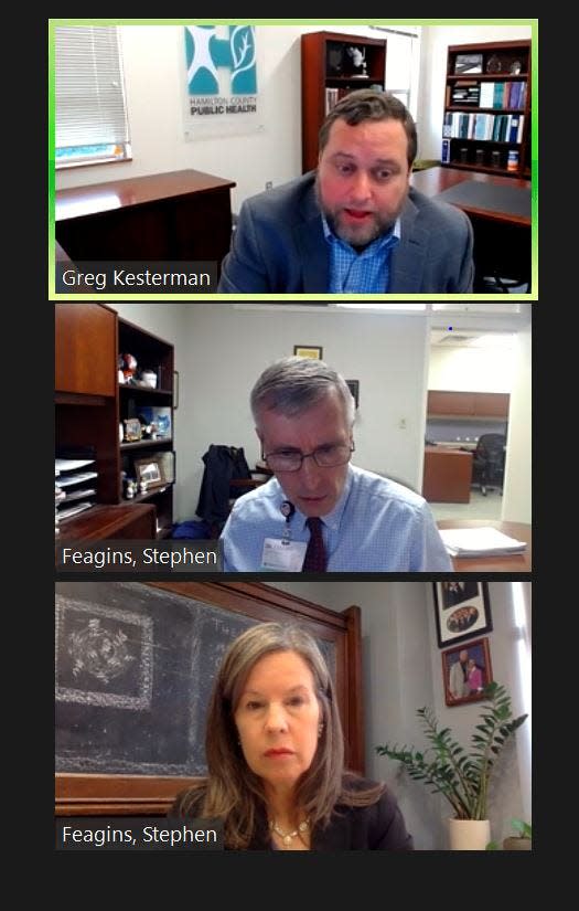 Hamilton County officials convene their periodic coronavirus briefing Dec. 1 over Zoom to discuss rising hospitalizations, the omicron variant and flu. From top, county Health Commissioner Greg Kesterman; Dr. Stephen Feagins, medical director of Hamilton County Public Health, and County Commissioner Denise Driehaus.