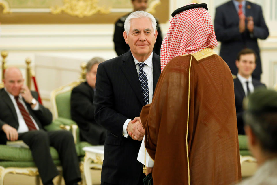 U.S. Secretary of State Rex Tillerson (C) attends a signing ceremony between U.S. President Donald Trump and Saudi Arabia's King Salman bin Abdulaziz Al Saud (not pictured) at the Royal Court in Riyadh, Saudi Arabia May 20, 2017. REUTERS/Jonathan Ernst TPX IMAGES OF THE DAY