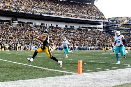 Jan 8, 2017; Pittsburgh, PA, USA; Pittsburgh Steelers wide receiver Antonio Brown (84) scores a touchdown against the Miami Dolphins during the first half in the AFC Wild Card playoff football game at Heinz Field. Mandatory Credit: James Lang-USA TODAY Sports