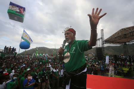 Former president of East Timor Xanana Gusmao speaks at a National Congress for Timorese Reconstruction (CNRT) political rally ahead of this weekend's parliamentary elections in Dili, East Timor July 18, 2017. REUTERS/Lirio Da Fonseca