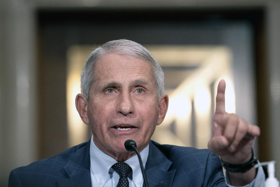 FILE - Dr. Anthony Fauci, director of the National Institute of Allergy and Infectious Diseases, testifies before the Senate Health, Education, Labor and Pensions Committee at the Dirksen Senate Office Building in Washington on Tuesday, July 20, 2021. On Friday, Oct. 29, 2021, The Associated Press reported on stories circulating online incorrectly claiming Fauci’s experiments include one that magnified terror in the brains of monkeys and subjected them to frightening stimuli. His division of the National Institutes of Health was not involved in that study. (Stefani Reynolds/The New York Times via AP, Pool)