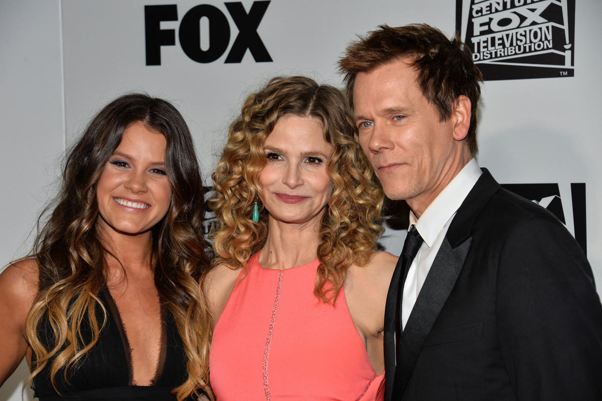 BEVERLY HILLS, CA - JANUARY 12:  (L-R) Actors Sosie Bacon, Kyra Sedgwick and Kevin Bacon arrive at the FOX/FX Golden Globe Party at the FOX Pavilion at the Golden Globes on January 12, 2014 in Beverly Hills, California.  (Photo by Amanda Edwards/WireImage)