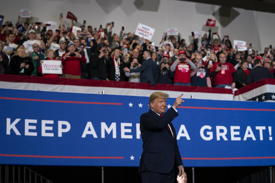 President Donald Trump arrives to speak at a campaign rally at the Wildwoods Convention Center Oceanfront, Tuesday, Jan. 28, 2020, in Wildwood, N.J. (AP Photo/ Evan Vucci)