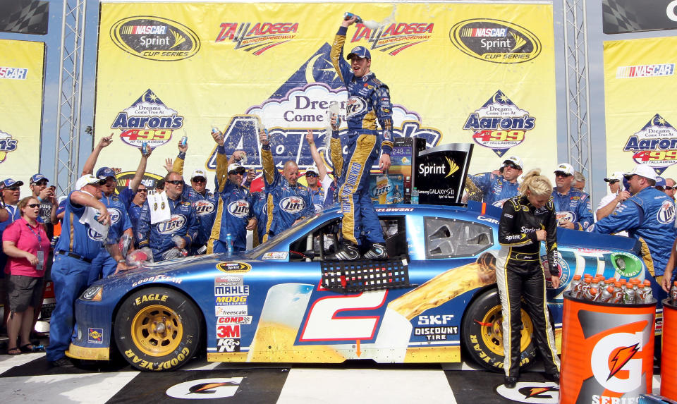 TALLADEGA, AL - MAY 06: Brad Keselowski, driver of the #2 Miller Lite Dodge, celebrates in Victory Lane after winning the NASCAR Sprint Cup Series Aaron's 499 at Talladega Superspeedway on May 6, 2012 in Talladega, Alabama. (Photo by Jerry Markland/Getty Images for NASCAR)