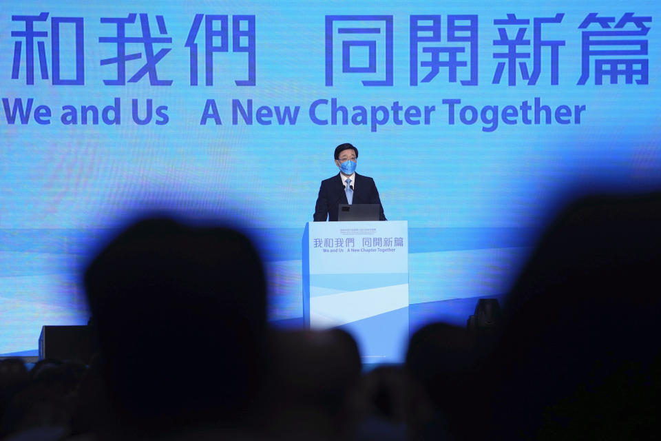 John Lee, former No. 2 official in Hong Kong, and the only candidate for the city's top job, attends his 2022 chief executive electoral campaign rally in Hong Kong, Friday, May 6, 2022. China is moving to install lee as the new leader of Hong Kong in the culmination of a sweeping political transformation that has gutted the Asian financial center's democratic institutions and placed it ever more firmly under Beijing's control. (AP Photo/Kin Cheung)