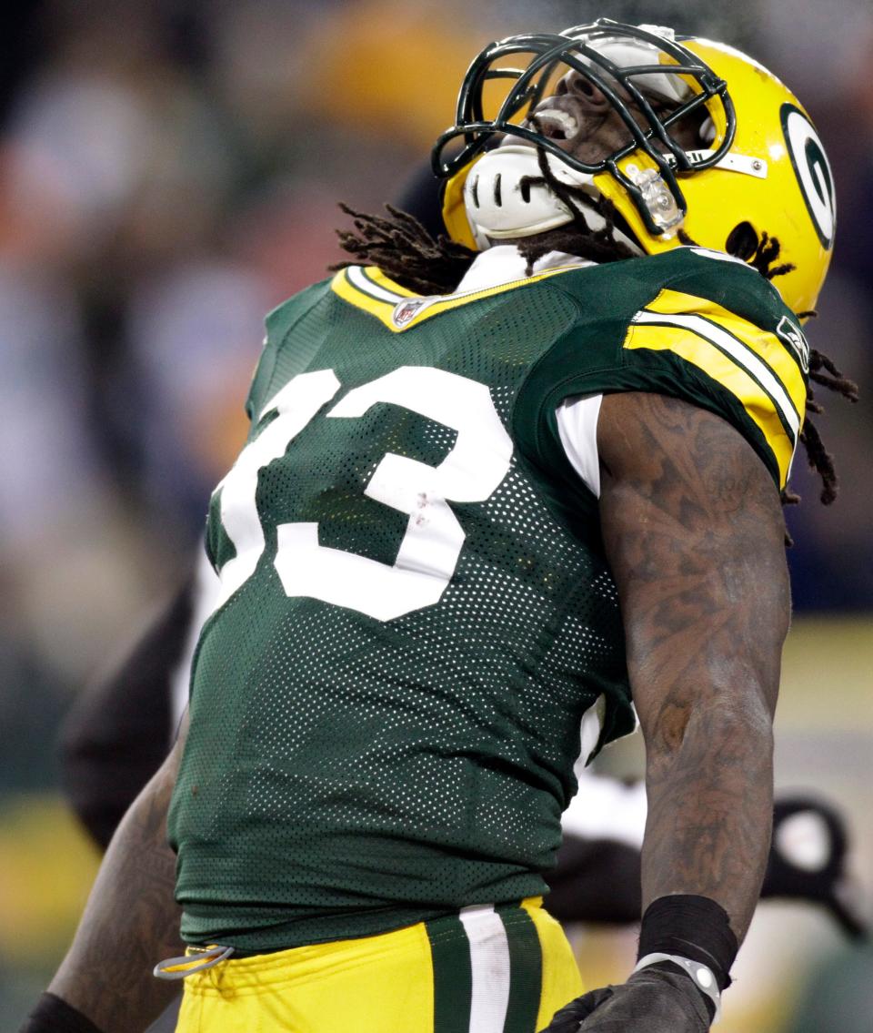 Green Bay Packers linebacker Erik Walden exalts after sacking Chicago Bears quarterback Jay Cutler during the second quarter of their game against the Chicago Bears Sunday, January 2, 2011 at Lambeau Field in Green Bay, Wis.