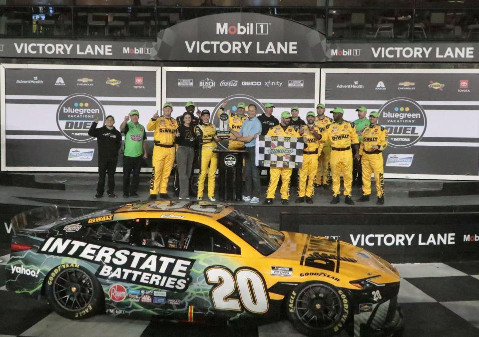 Christopher Bell and his crew celebrate in Victory lane after winning the second Daytona Duel race on Thursday night.