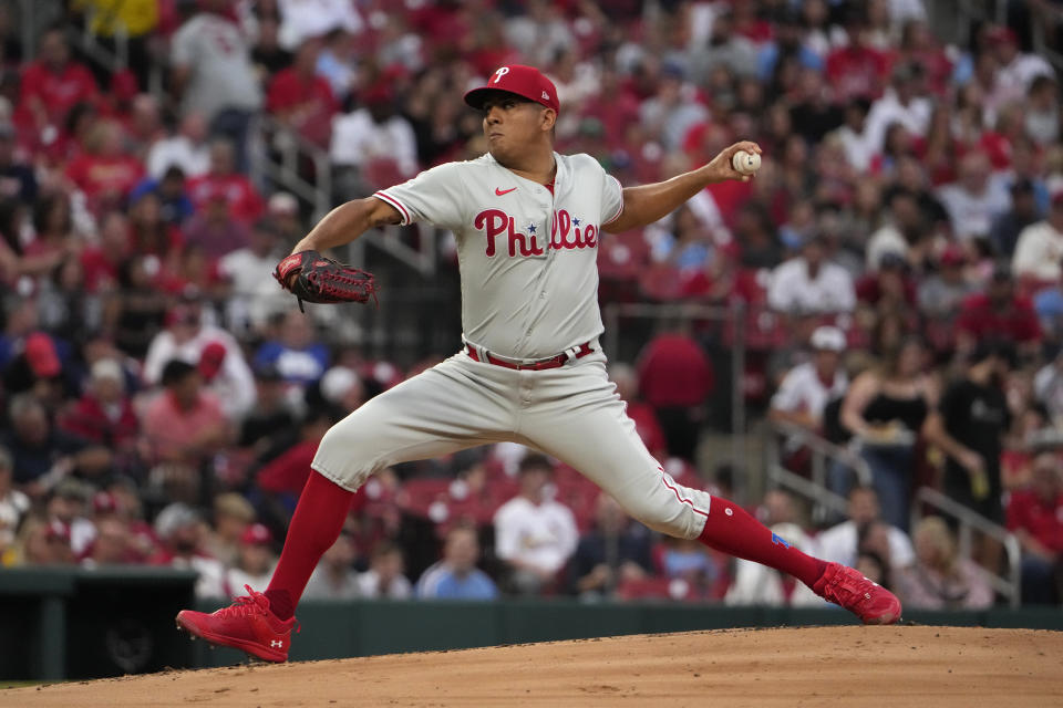 Philadelphia Phillies starting pitcher Ranger Suarez throws during the first inning of a baseball game against the St. Louis Cardinals Saturday, Sept. 16, 2023, in St. Louis. (AP Photo/Jeff Roberson)