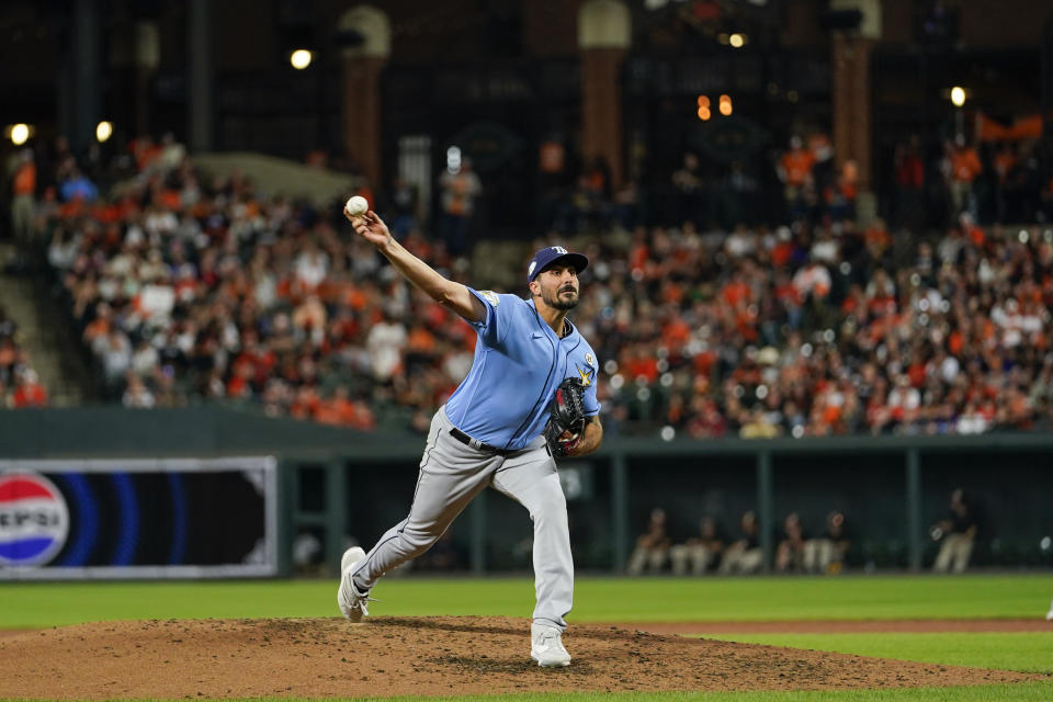 Tampa Bay Rays starting pitcher Zach Eflin throws to the Baltimore Orioles in the fourth inning of a baseball game, Friday, Sept. 15, 2023, in Baltimore. (AP Photo/Julio Cortez)