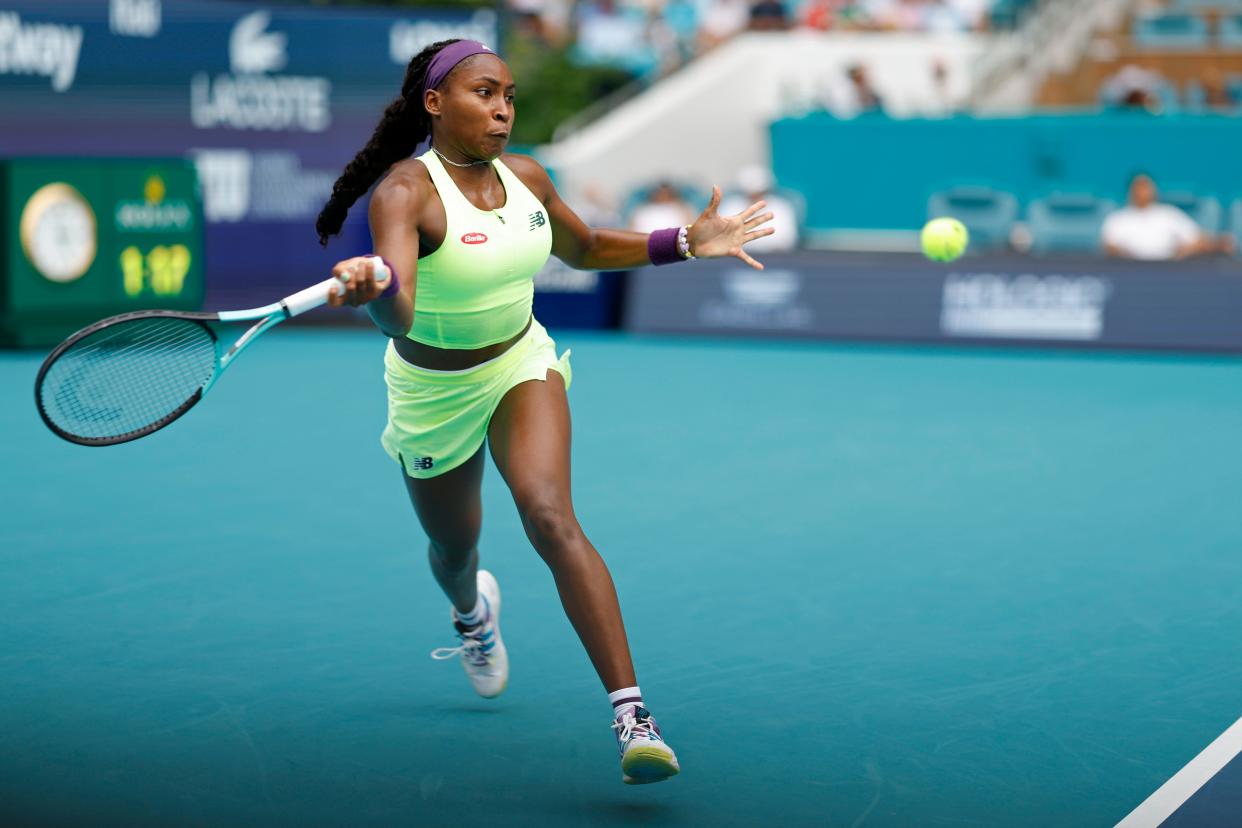 Mar 25, 2024; Miami Gardens, FL, USA; Coco Gauff (USA) hits a forehand against Caroline Garcia (FRA) (not pictured) on day eight of the Miami Open at Hard Rock Stadium. Mandatory Credit: Geoff Burke-USA TODAY Sports