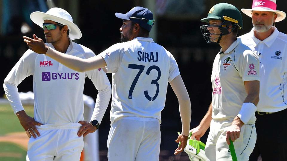 Mohammed Siraj, pictured here complaining to umpires about alleged abuse from the crowd at the SCG.